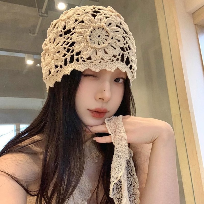 春夏薄款手工编针织帽女镂空钩花毛线帽甜美文艺显脸小包头堆堆帽|undefined