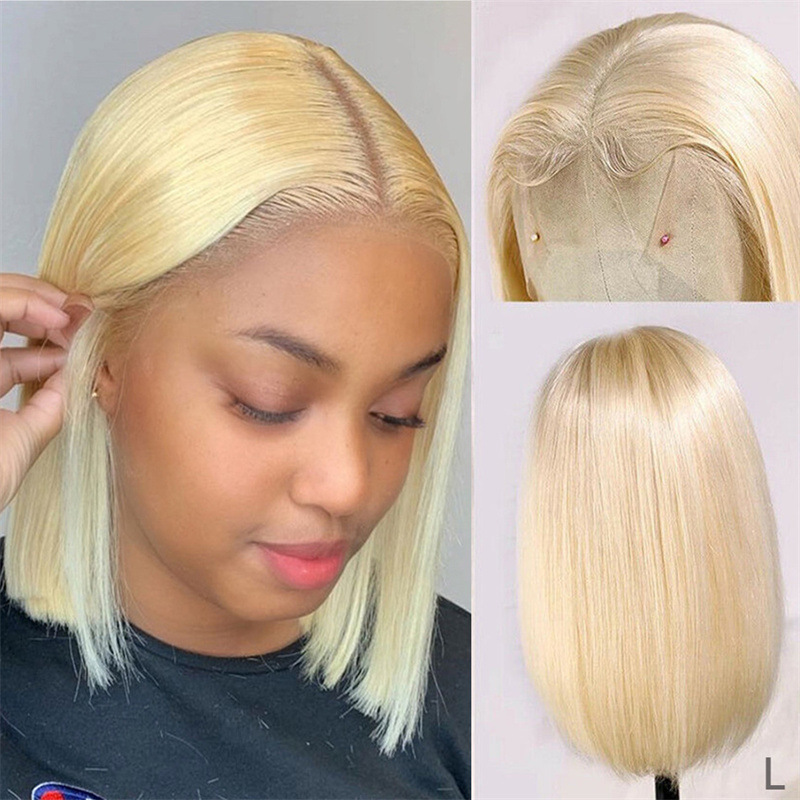 Kurze, glatte Bob-Perücke für Damen, hellgoldene Kunstfaser, Mittelscheitel, europäisch-amerikanischer Stil, durchschnittliche Größe, Clip-in-Haarverlängerung_voghion.com