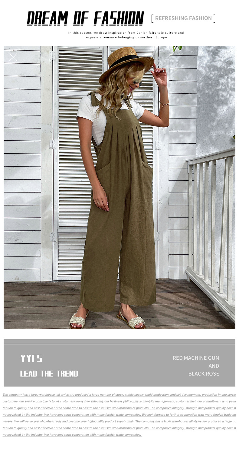 Salopette dal temperamento sciolto in cotone e lino a gamba larga casual verde militare_voghion.com