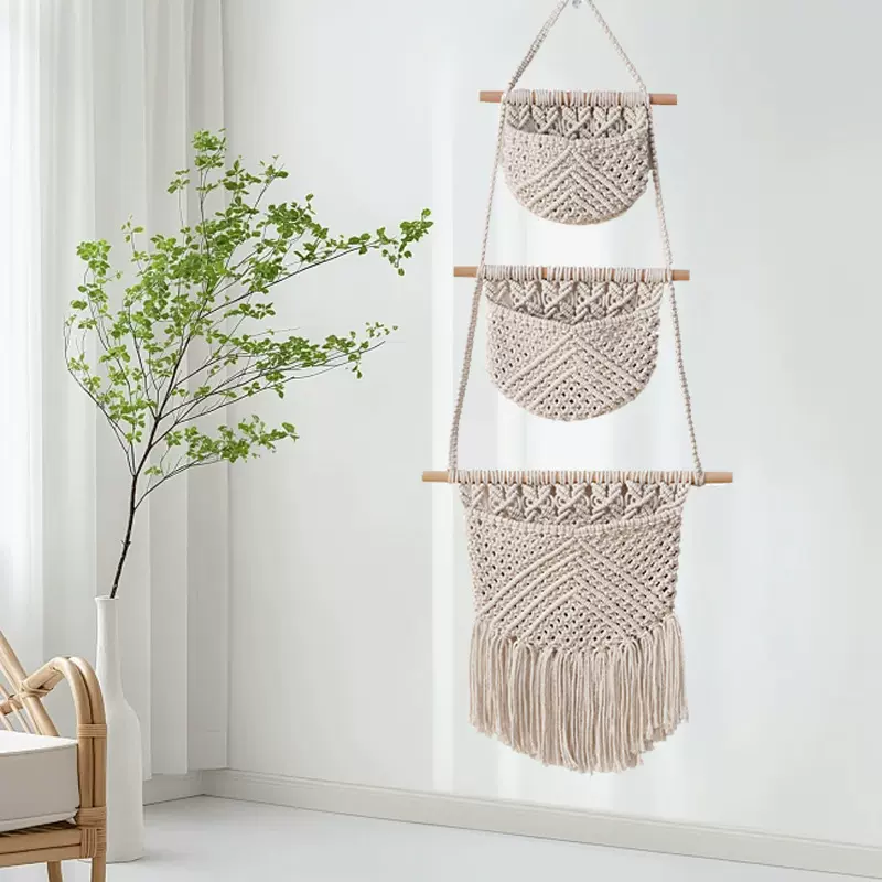 跨境家居厨房三层水果吊篮波西米亚装饰网兜编织蔬果壁挂式花盆