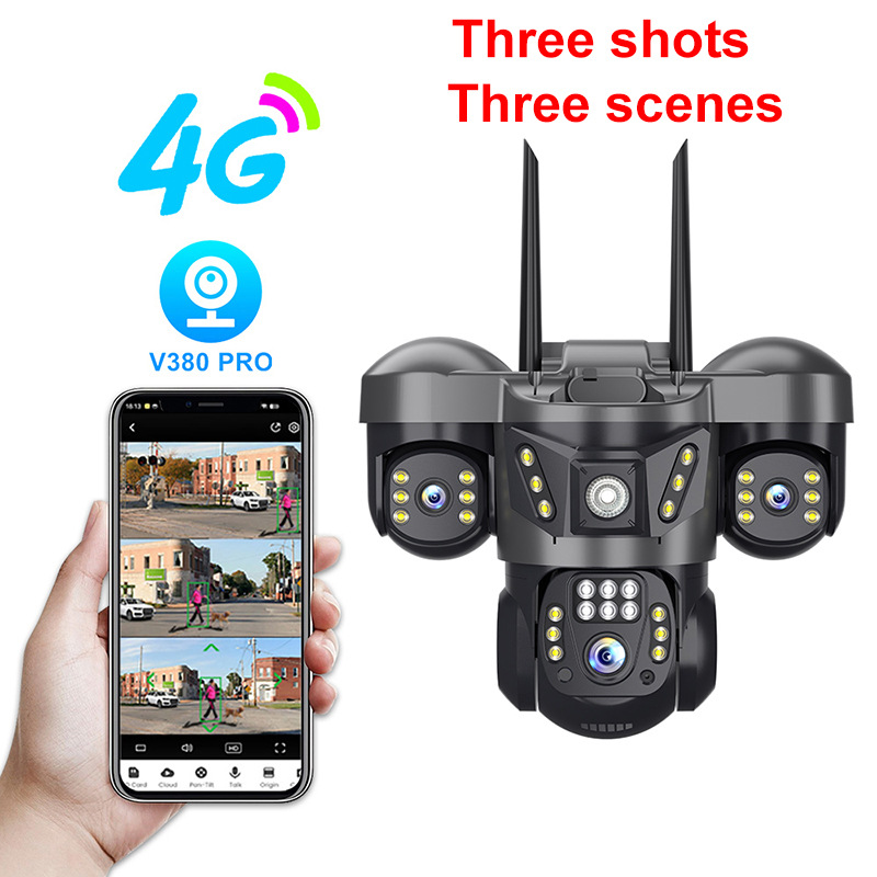 Cámara PTZ WiFi V380 para exteriores con tres lentes y 4G, Tres Ojos