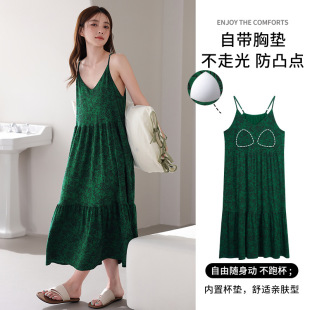 Paisley Pattern Nightgown with Breast Pads for Women Summer Ice Silk Cool Suspender Long Skirt Can Be Worn Outside in Summer Home Clothes