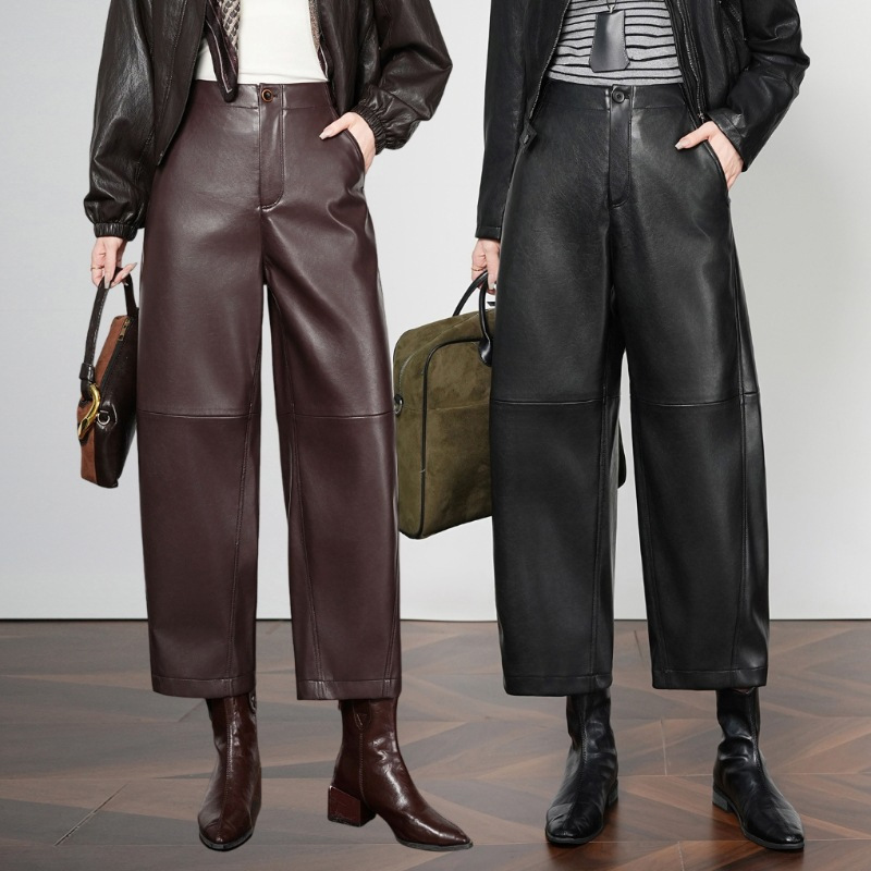 Haining Genuine Leather Fleece-Lined Women's Pants, 2026 New Style, Spring and Autumn, Sheepskin, High-Waisted, Petite, Cropped Pants