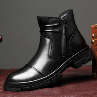 Martin Boots Men's Autumn and Winter fleece-lined Warm High-top Cotton Shoes Men's Boots Chelsea Mid-top Leather Boots Men's Cotton Leather Shoes