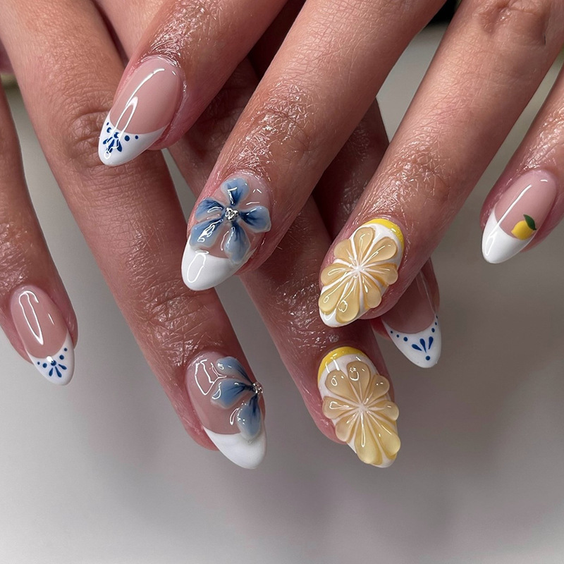 Three-Dimensional Mint Blue Ice Flower French Gentle Girl Versatile European and American Ins Style Short Apricot Wearable Nails 24 Pieces