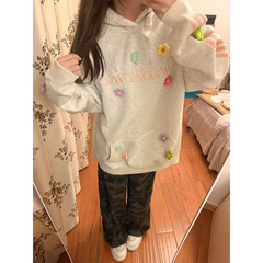 美式复古立体花朵刺绣连帽卫衣女春秋潮牌宽松休闲小个子百搭上衣