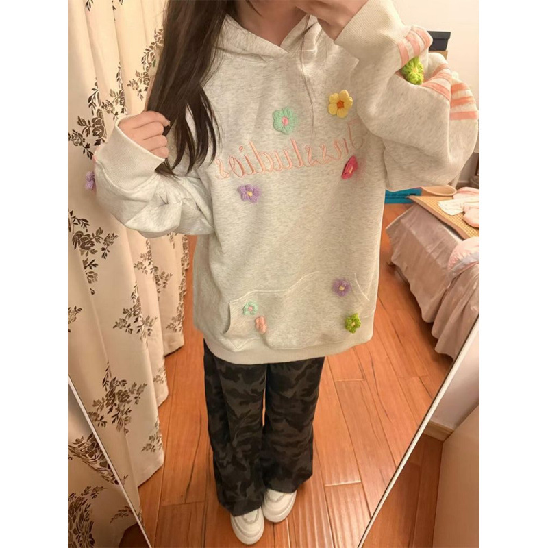美式复古立体花朵刺绣连帽卫衣女春秋潮牌宽松休闲小个子百搭上衣|undefined