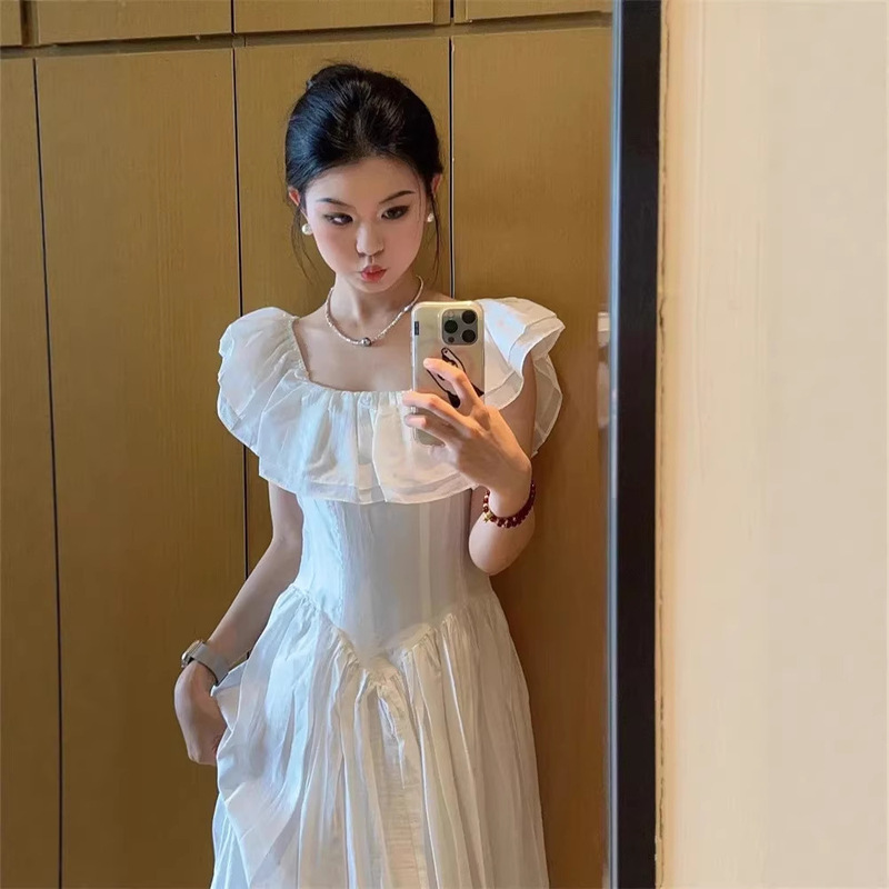 Ruffled One-Shoulder Dress for Women, New Summer Style, High-End French Style, Waist-Cinching, Slimming, White Long Dress