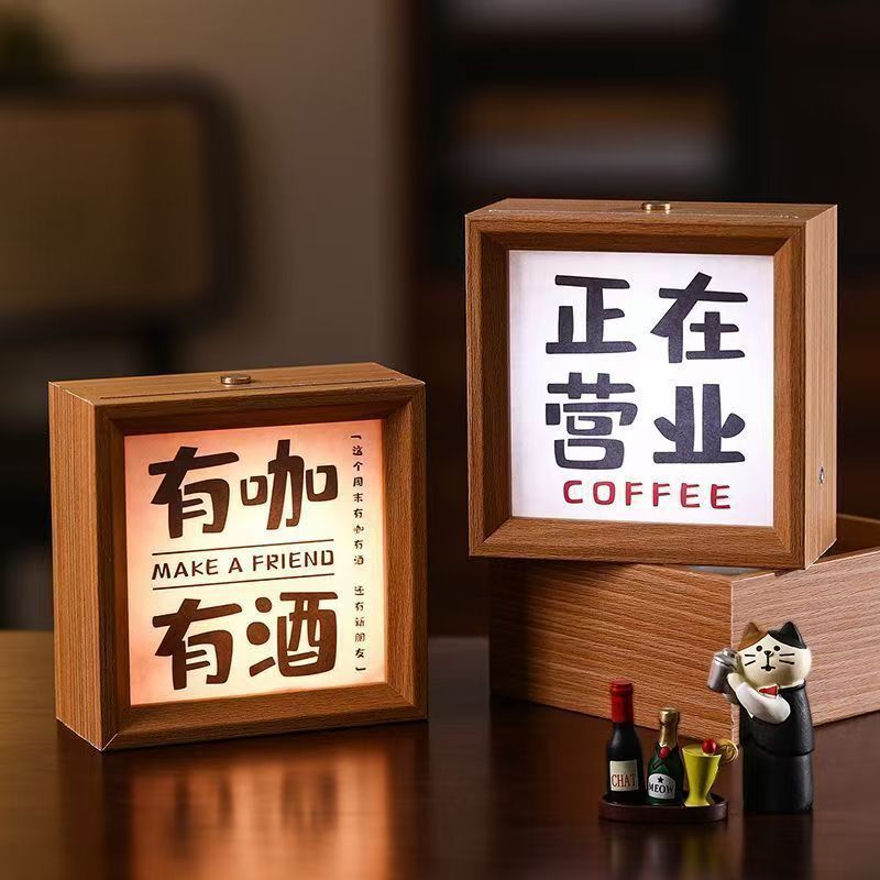 Restaurant Bar Coffee Corner Decoration, Open for Business, Bar Counter, Picture Frames, Tabletop Atmosphere Lights, Glowing Lights