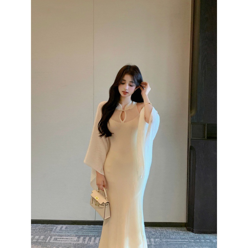 新中式盘扣改良旗袍连衣裙女春季针织裙子温柔风无袖修身鱼尾长裙|undefined