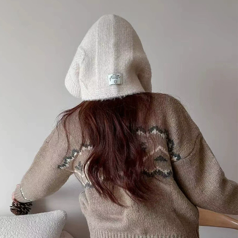 Demi-season woolen keep warm scarf with diamond pattern, knitted hat