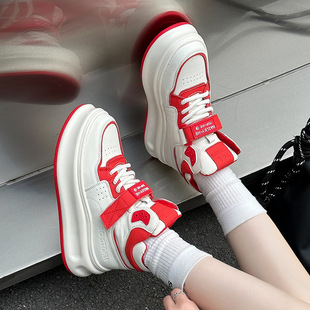 High-Top Shoes for Women, 2025 Autumn and Winter New Style, Genuine Leather, Thick-Soled, Height-Increasing, European Style, Velcro Casual Sneakers for Petite Women