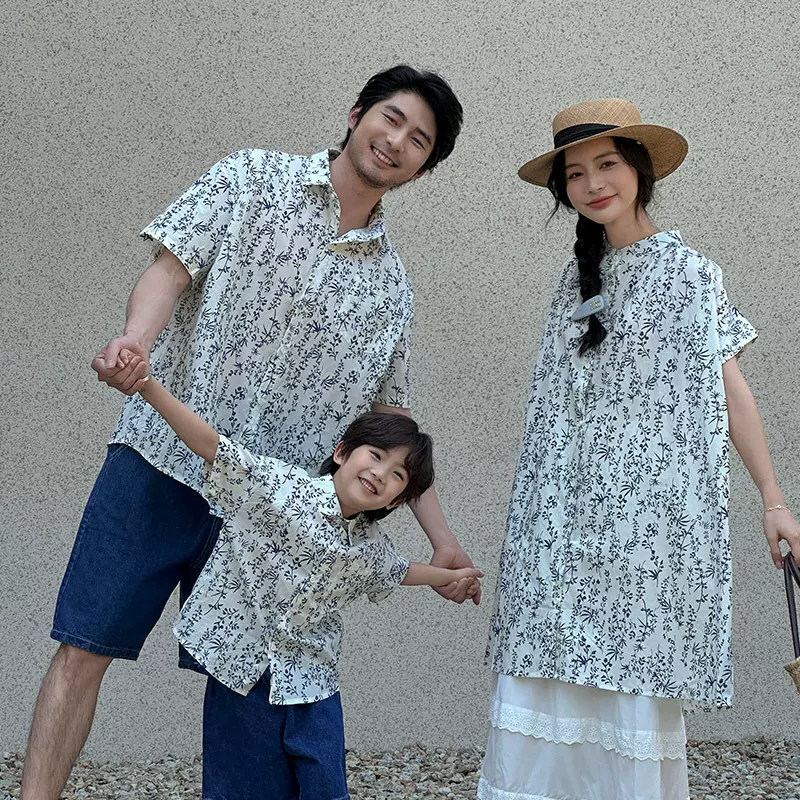 亲子装夏季韩版中长款碎花衬衫连衣裙母女装夏装新款衬衫一家三口