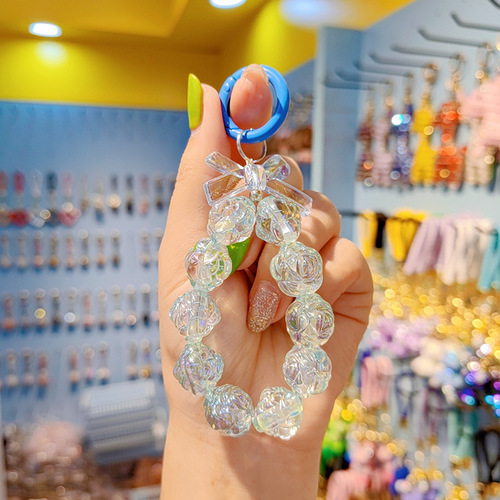 Electroplated beaded bow car keychain mobile phone pendant cute rose painted circle pearl accessories bag decoration