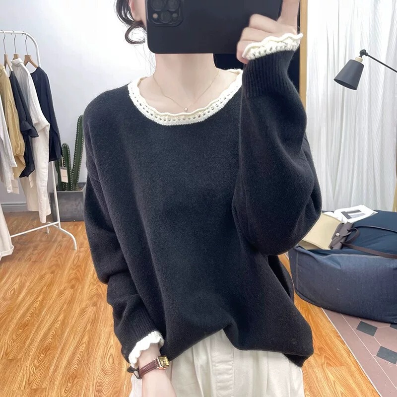 花边领圆领套头针织衫女装春季大码胖mm宽松减龄百搭打底毛衣上衣|undefined