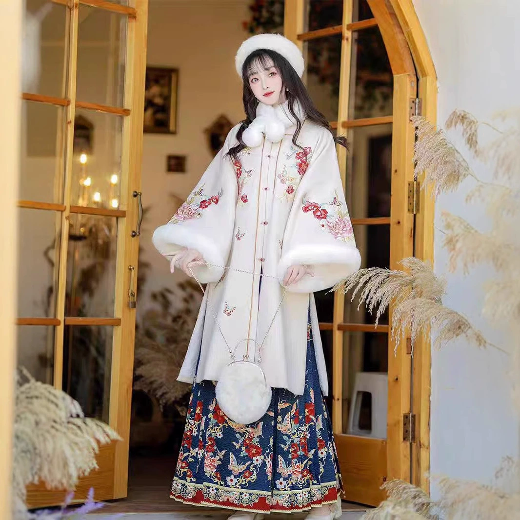 2024 новый осенний и зимний цветочный костюм Ming Hanfu женская улучшенная тяжелая промышленность утолщенная длинная рубашка