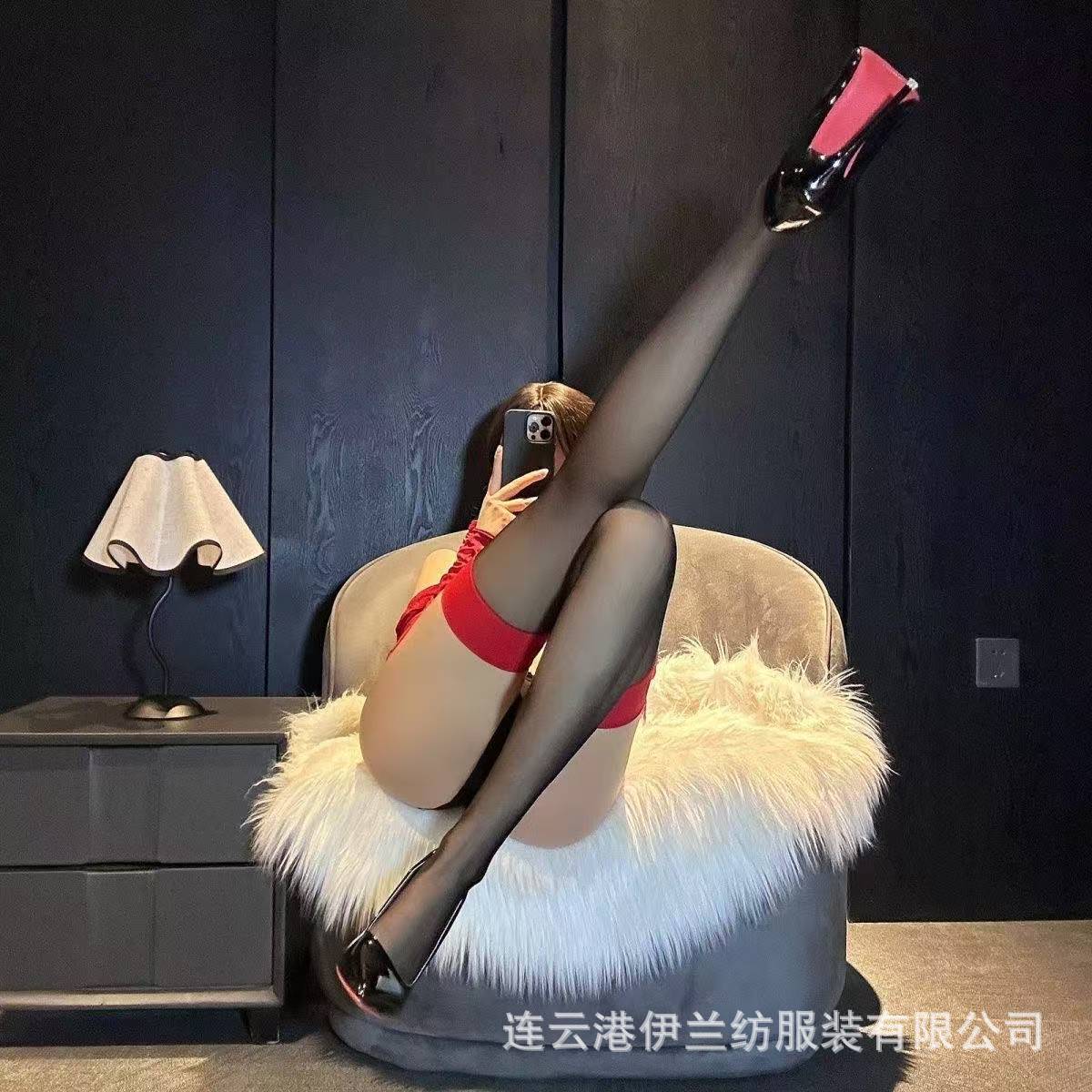 Black Thigh-High Stockings with Red Side Stitching, Thin Polyester Silk-Feel Knee Socks — detail image 3