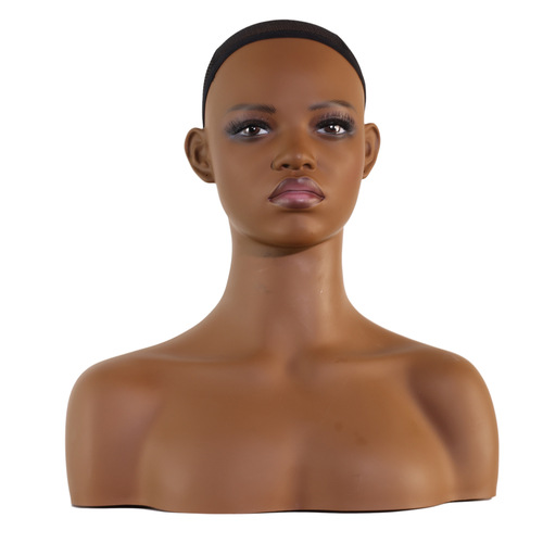 African Black Female Half-Body Model Head with Double Shoulder Wigs and Necklace, European and American Style Mannequin Head