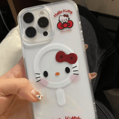 かわいいkt猫はリンゴ16マグネットアニメ透明携帯ケースiPhone14/13かわいい12/15転倒防止を適用している