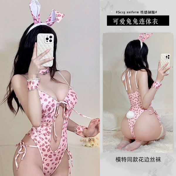 Leopard print girl [[headband + neck ring + hidden button crotch jumpsuit + bracelet*2 + fur ball tail]]
