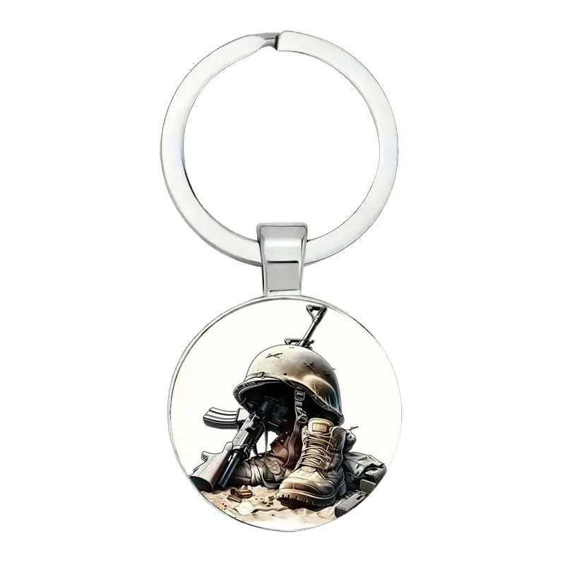 Botas de combate de estilo militar retro de 1 pieza, casco y diseño de arma - llavero colgante redondo de aleación de zinc