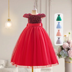 蝴蝶結腰飾女童連衣裙女孩蓬蓬網紗兒童裙子節日晚禮服女童公主裙