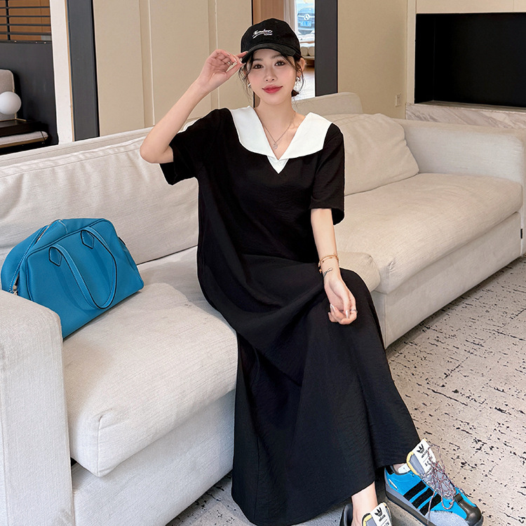 Cat-7781 # 2025 New Summer Style/Long Large Size Nautical Preppy Style Cool and Wrinkle-Free Cotton and Linen Short-Sleeved Dress