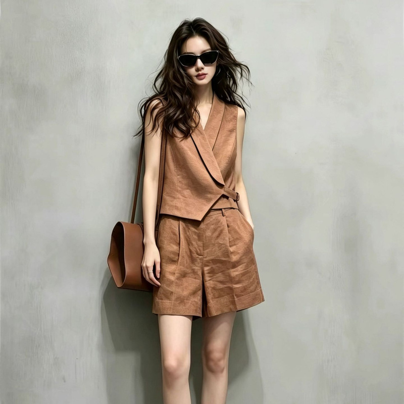 Old Money Style Elegant and Stylish Outfit for Slightly Chubby Petite Women, Age-Reducing Brown Vest and Shorts Two-Piece Set, Women's Summer 2026 Old Money Style Elegant and Stylish Outfit for Slightly Chubby Petite Women, Age-Reducing Brown Vest and Shorts Two-Piece Set, Women's Summer 2026