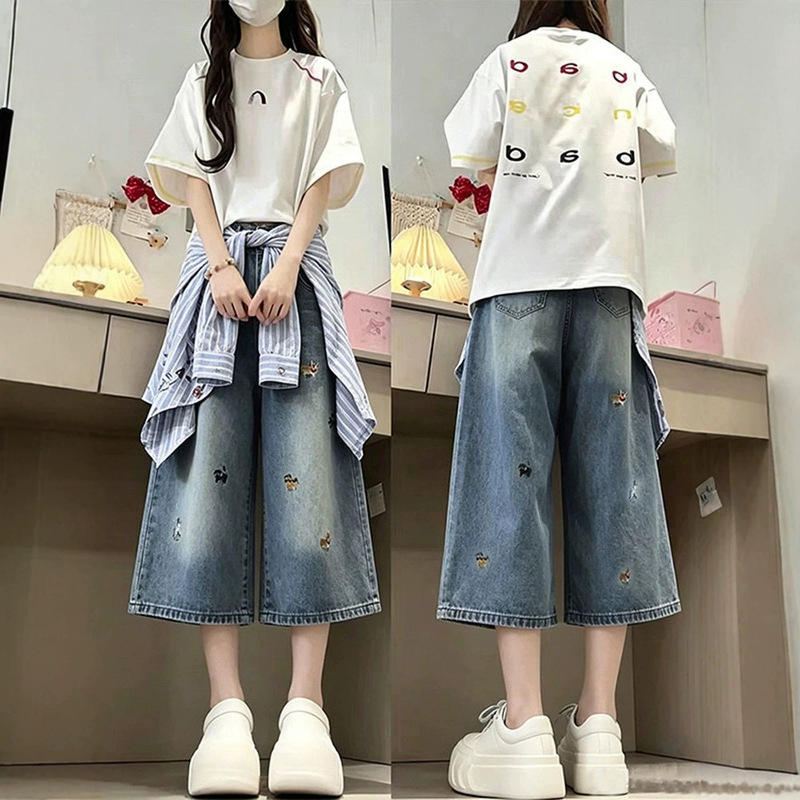 Trendy Embroidered Denim Shorts for Women, Summer Thin Design, Casual Style, Straight Wide-Leg Pants