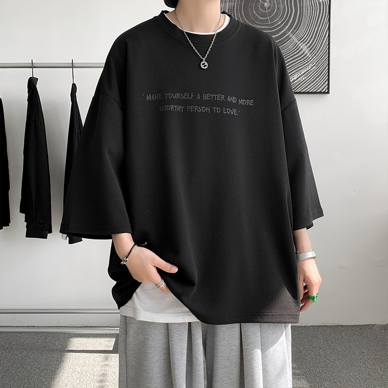 New Ice Silk Three-Quarter Sleeve T-Shirt for Men, Oversized Short-Sleeve Ins Trendy Large Size Drapey Three-Quarter Sleeve Clothing, Gray