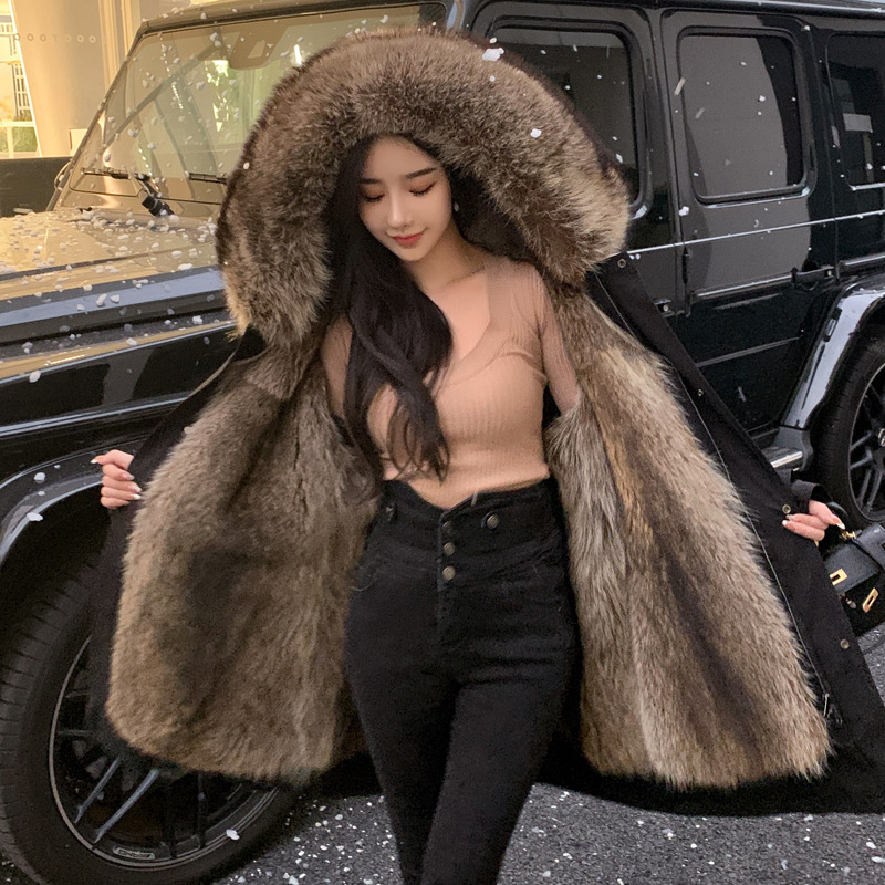 派克服女2024年新款爆款貂可拆卸内胆皮毛一体大码长款仿皮草外套