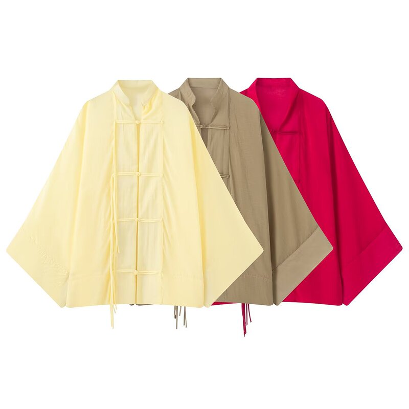 Myst&Za Summer French Retro Casual Fashion Round V-Neck Long-Sleeved Shirt with Knot Buckle Decoration 0340004