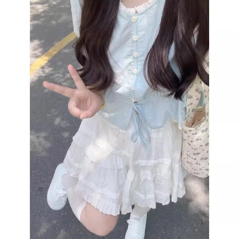 Blue Shirt for Women, New Summer Style French Top with Short Puff Sleeves, Ruffled Cake-Style Design Paired with a Skirt, Two-Piece Set Blue Shirt for Women, New Summer Style French Top with Short Puff Sleeves, Ruffled Cake-Style Design Paired with a Skirt, Two-Piece Set