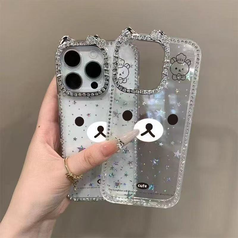 Rilakkuma Expression Phone Case with Cat Ears and Rhinestones for iPhone 17 Pro Max/16 Pro/15/14/13, Niche Design Rilakkuma Expression Phone Case with Cat Ears and Rhinestones for iPhone 17 Pro Max/16 Pro/15/14/13, Niche Design