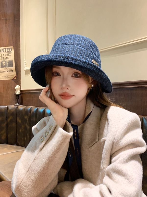 优雅秋冬法式高级感帽子小香风简约格纹渔夫帽韩版时尚卷边水桶帽|undefined