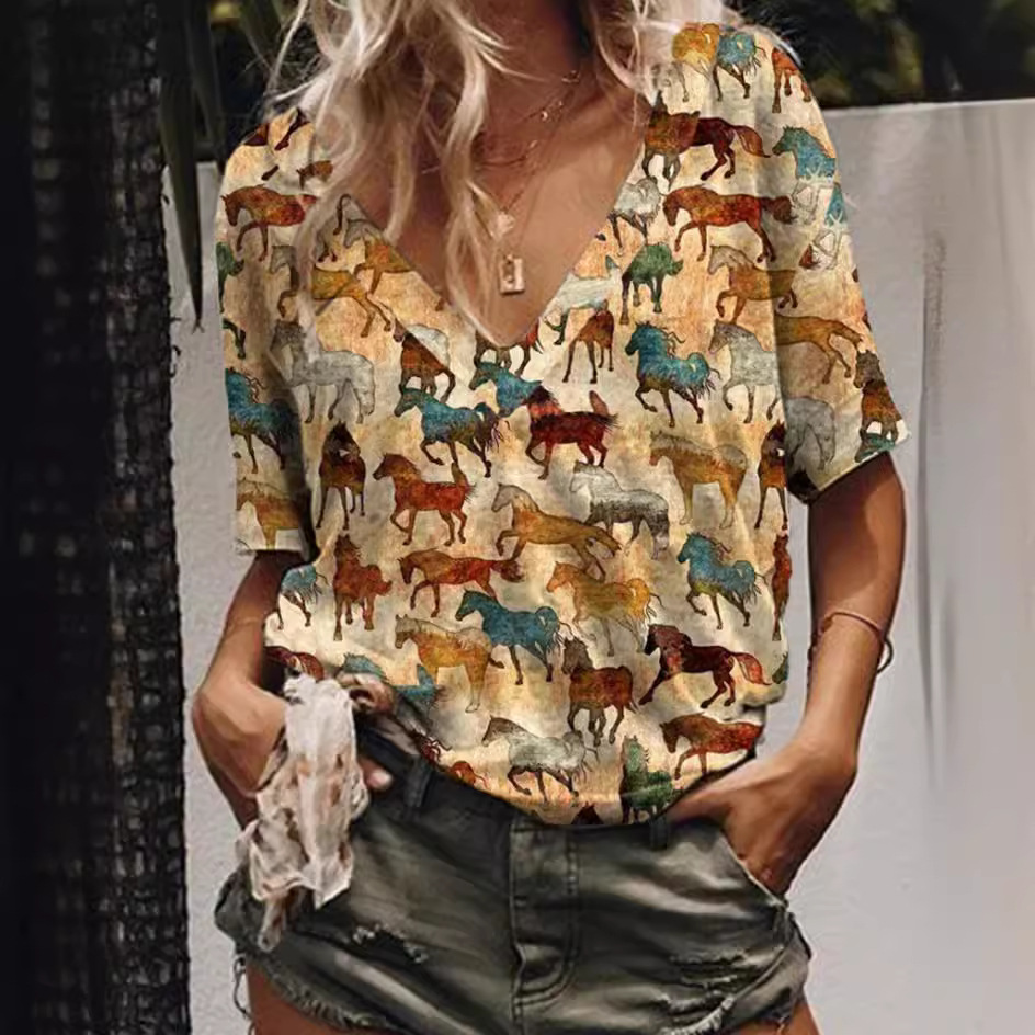 Nueva Venta caliente ropa de mujer europea y americana AliExpress Amazon Impresión digital Western Denim manga corta Camiseta con cuello en V 5260