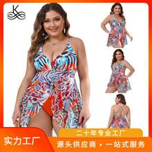 2024新款欧美跨境专供女士泳衣性感露背时尚印花网纱拼接大码泳装