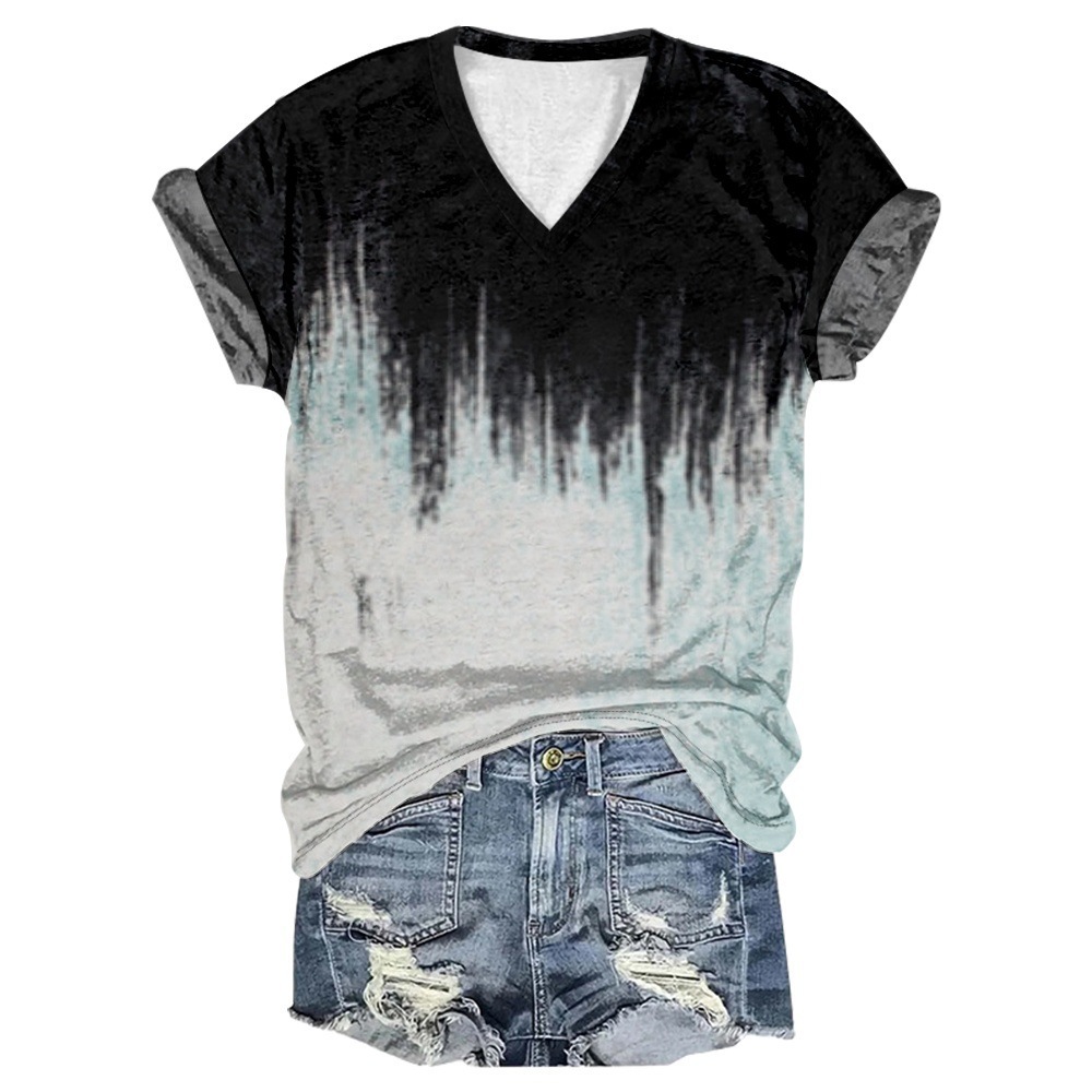 Cross-Border New Women's Clothing with Gradient Street Style 3D Digital Printing, European and American Trendy Women's Fashion V-Neck T-Shirt