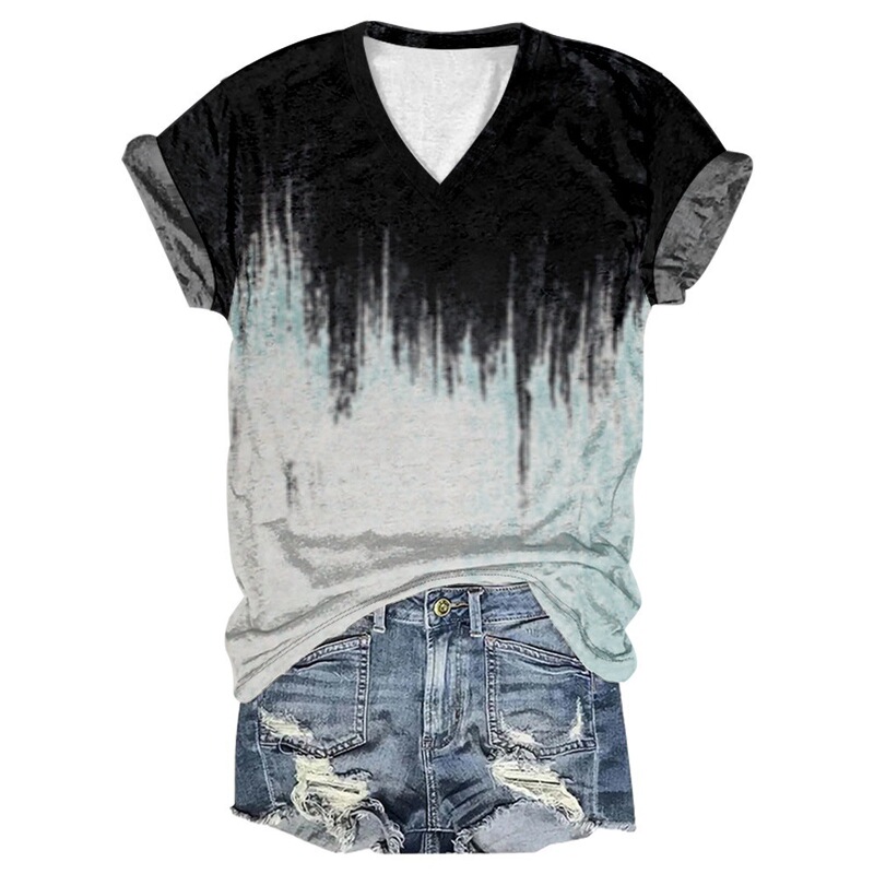 Cross-Border New Women's Clothing with Gradient Street Style 3D Digital Printing, European and American Trendy Women's Fashion V-Neck T-Shirt