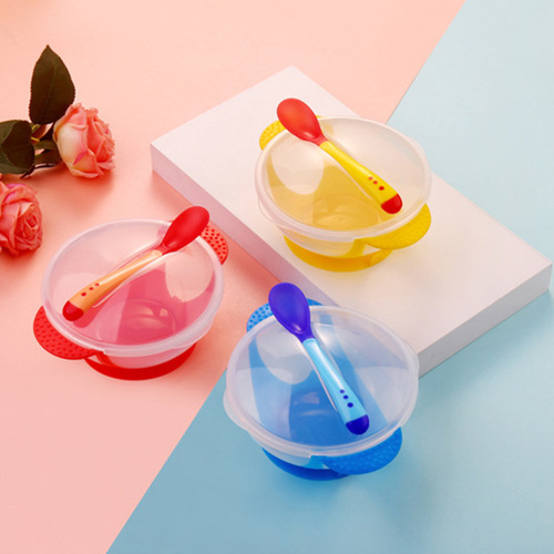 2018 New Baby Transparent Suction Cup Bowl with Temperature Sensing Spoon Baby Training Bowl Set Spoon Temperature Sensing Discoloration Wholesale