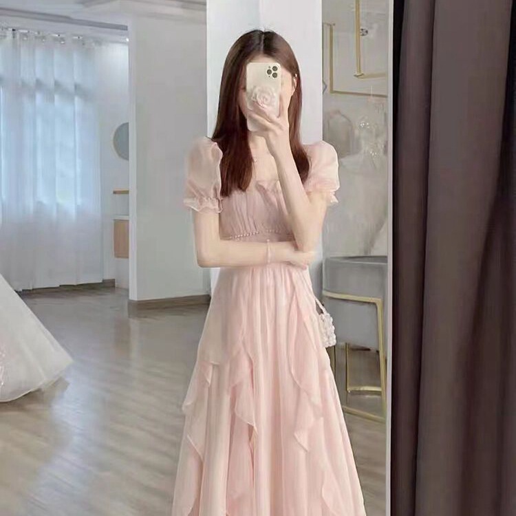 French-Style Square-Neck Fairy Dress, Summer Short-Sleeve New Coat, Women's Waist-Cinching Mid-Length Dress, Petite-Friendly