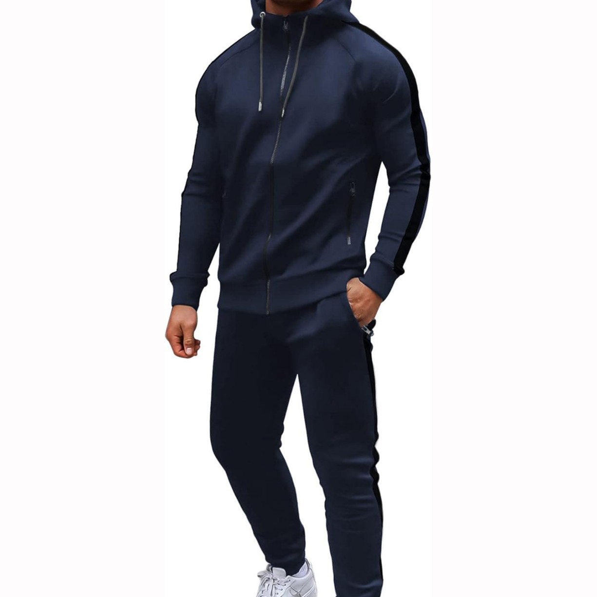 欧米の男性カジュアルスポーツスーツファッションジッパーフードコートフィットネスパンツ男女ランニング2点セット