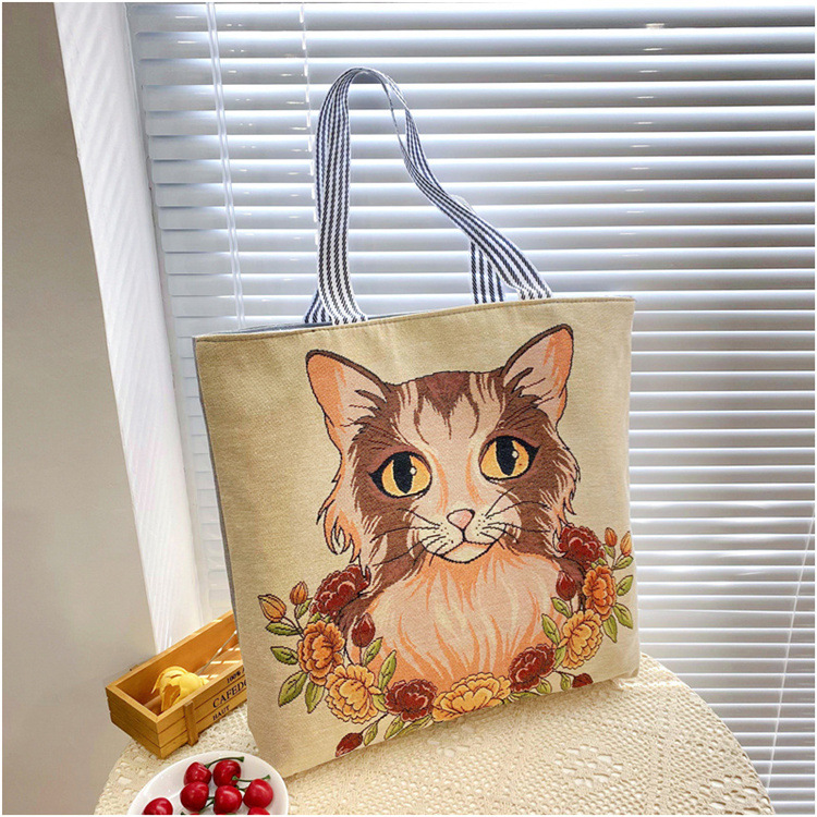 189g Weight Polyester Lining Material Zipper Closure Type Double Shoulder Straps Strap Type Tote Bag Bags Type Casual, Daily Occasion Linen Material Animal Pattern All Seasons Season Women's Gender Cute Style Square Shape Women's Linen Animal Cute Square Zipper Tote Bag 12