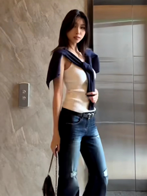 韩系藏青色纽扣开衫针织衫女春秋短款内搭叠穿吊带背心百搭两件套|undefined