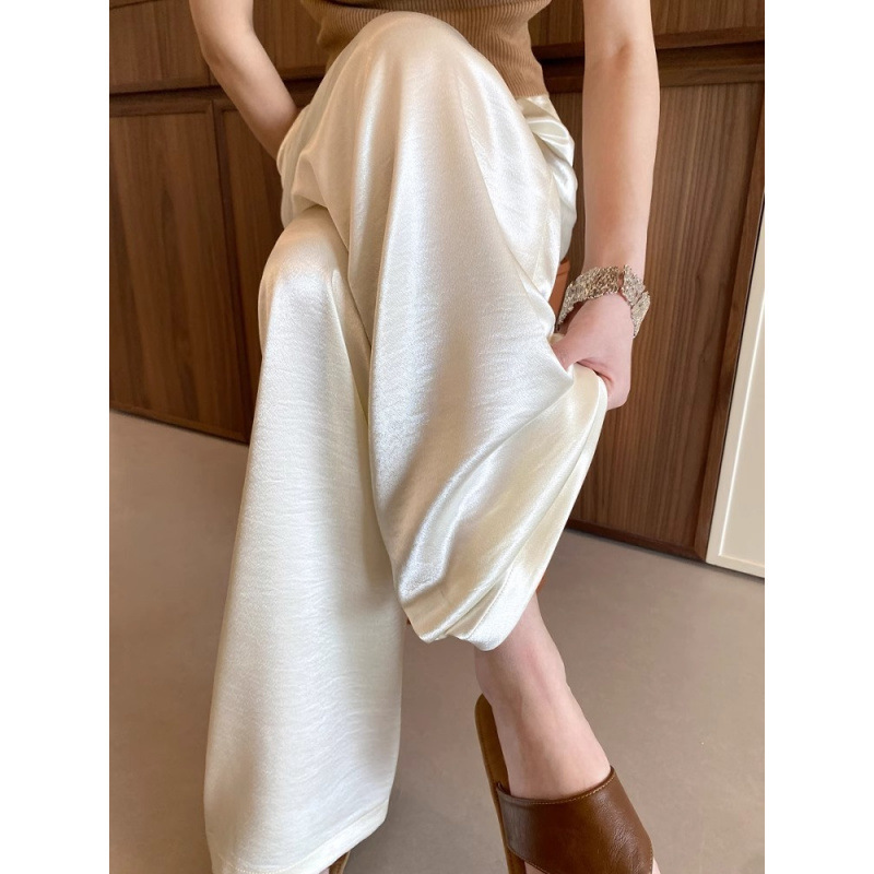 女性用ホワイトワイドレッグパンツ、ハイウエストサマーサテンアセテートカジュアルストレートパンツ、薄いアイスシルククールクラウドロングパンツ|undefined