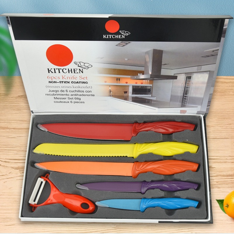 Yangjiang cuchillo / tijeras conjunto completo de cuchillo de mango de anchoa de color al por mayor conjunto de seis piezas de cuchillos de cocina de acero inoxidable color arco iris