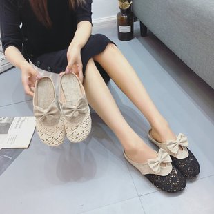 2023 new female Korean casual bow hollow flat bottom beef tendon bottom slippers wholesale