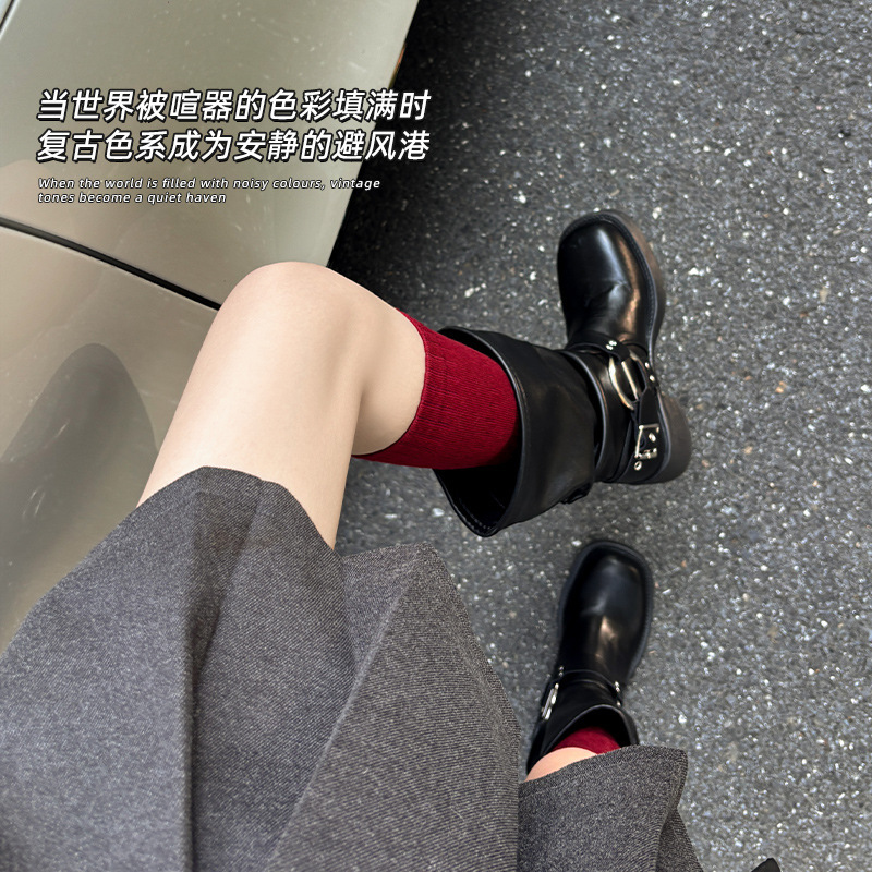 Vintage Red Calf Socks for Women, Spring and Autumn, Made of Mulberry Silk and Wool, Trendy Ins-Style, Suitable for Long Boots, Long Tube Socks, Zhuji Socks