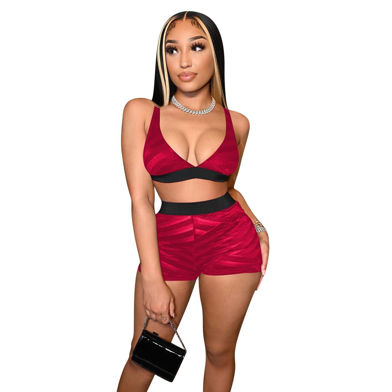 sexy contrast color mesh vest and shorts two-piece set  NSYDF119219