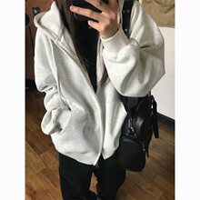 纯棉美式复古拉链开衫灰色卫衣女新款秋春夏加厚加绒连帽外套